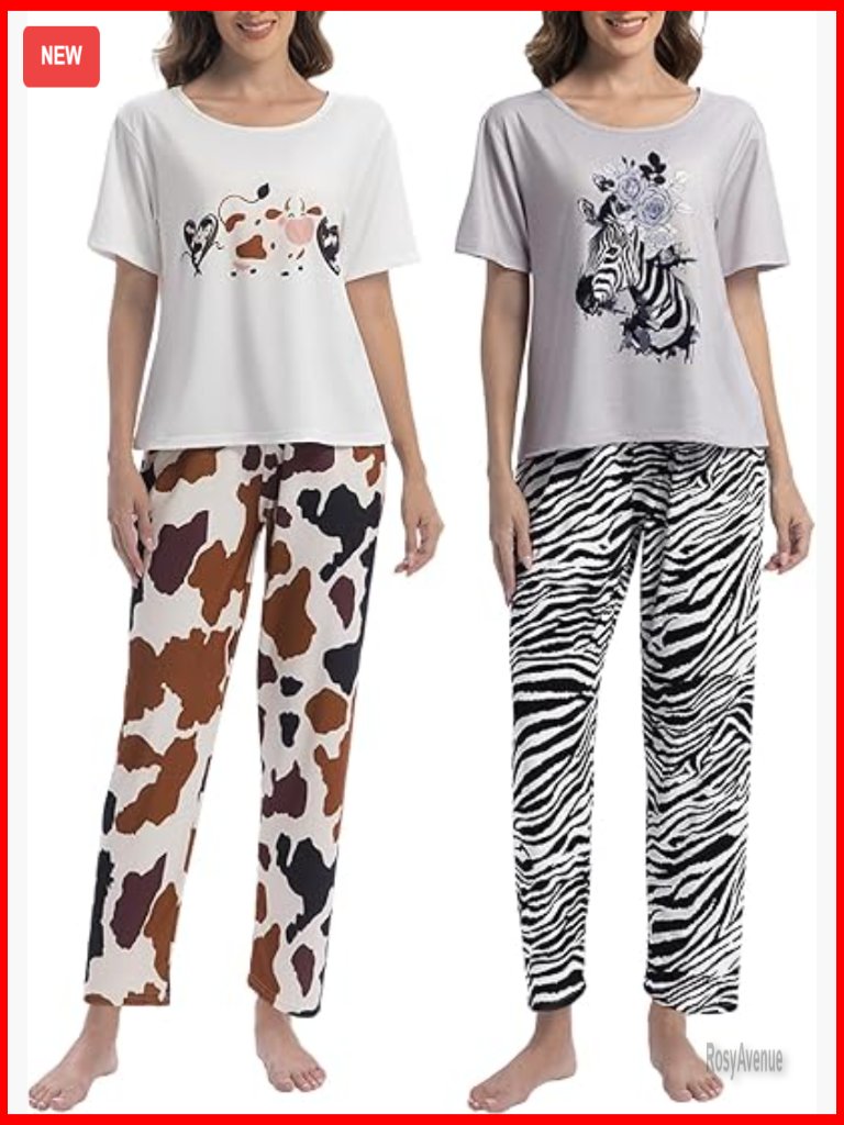 Women's Pajama Set 2-Pack Short Sleeve Top Long Pants Sleep Loungewear